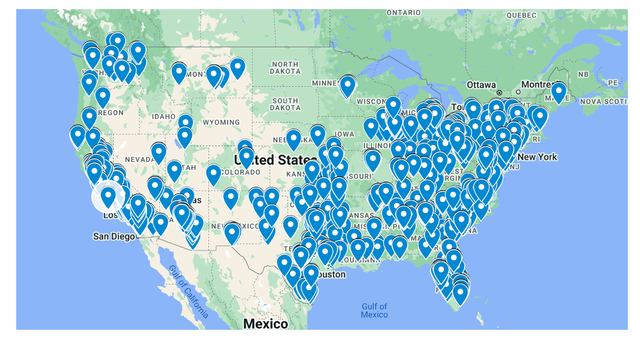 Map showing locations of surgeons and surgery centers/hospitals in United States